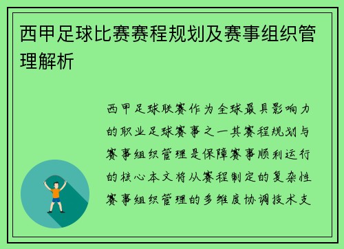 西甲足球比赛赛程规划及赛事组织管理解析