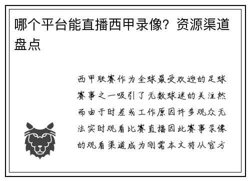 哪个平台能直播西甲录像？资源渠道盘点