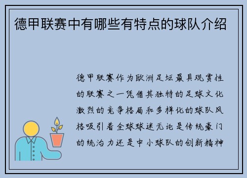 德甲联赛中有哪些有特点的球队介绍